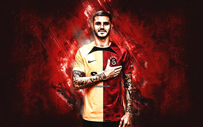 Mauro Icardi, Galatasaray, portrait, Argentine footballer, Turkish Super Lig, burgundy stone background, football, Turkey, Icardi Galatasaray