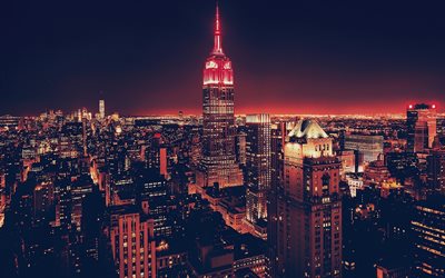 4k, empire state building, paesaggi notturni, new york, metropoli, città americane, skyline urbani, area urbana, grattacieli, new york city, stati uniti d america, america, panorama di new york