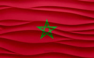 4k, Flag of Morocco, 3d waves plaster background, Morocco flag, 3d waves texture, Morocco national symbols, Day of Morocco, African countries, 3d Morocco flag, Morocco, Africa, Moroccan flag