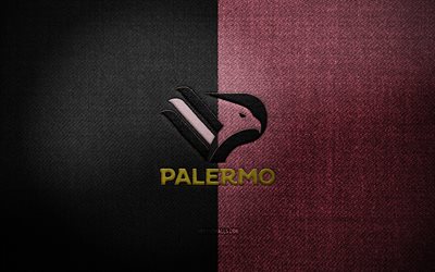 パレルモ fc バッジ, 4k, 黒ピンクの布の背景, セリエb, パレルモ fc のロゴ, パレルモ fc のエンブレム, スポーツのロゴ, パレルモ fc の旗, イタリアのサッカー クラブ, パレルモ・カルチョ, サッカー, フットボール, パレルモfc