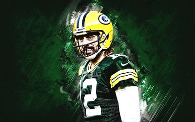 Aaron Rodgers, Green Bay Packers, NFL, portrait, american football, green stone background, Aaron Charles Rodgers, National Football League