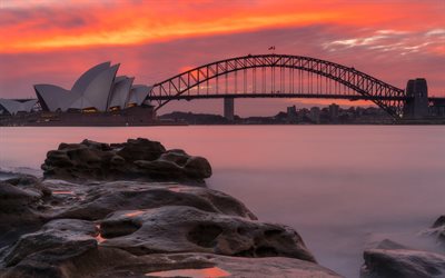 sídney, tarde, puesta de sol, puente del puerto de sídney, ópera de sídney, puerto de sídney, paisaje urbano de sídney, australia