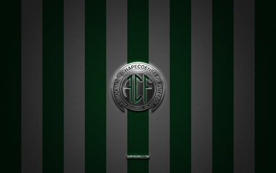 chapecoense sc-logo, brasilianischer fußballverein, brasilianische serie b, grün-weißer kohlenstoffhintergrund, chapecoense sc-emblem, fußball, chapecoense sc, brasilien, silbernes metalllogo von chapecoense sc