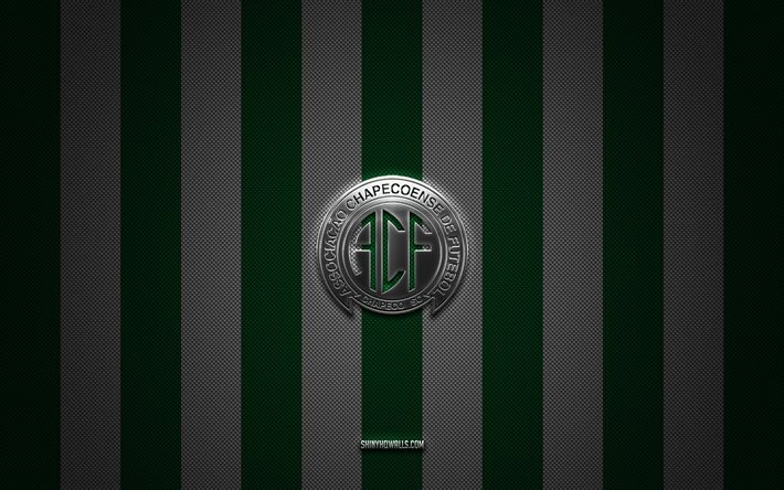 chapecoense sc-logo, brasilianischer fußballverein, brasilianische serie b, grün-weißer kohlenstoffhintergrund, chapecoense sc-emblem, fußball, chapecoense sc, brasilien, silbernes metalllogo von chapecoense sc