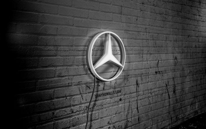 Mercedes-Benz neon logo, 4k, black brickwall, grunge art, creative, cars brands, logo on wire, Mercedes-Benz white logo, Mercedes-Benz logo, artwork, Mercedes-Benz