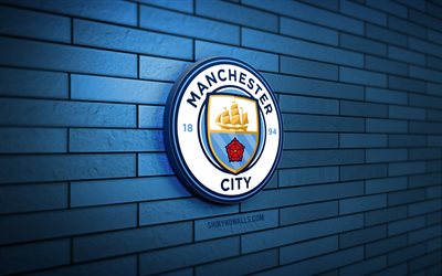 manchester city fc 3d-logo, 4k, blaue ziegelwand, premier league, fußball, englischer fußballverein, manchester city fc-logo, manchester city fc-emblem, manchester city, man city, sportlogo, manchester city fc