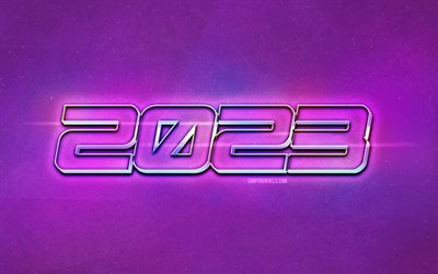 2023 Happy New Year, 4k, 2023 purple background, 2023 concepts, metal letters, Happy New Year 2023, creative art, purple stone background, 2023 New Year