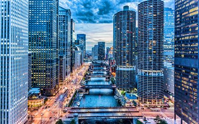 chicago, 4k, hdr, akşam, su kanalları, gökdelenler, modern binalar, su yolları, amerikan şehirleri, abd, amerika, akşam chicago, chicago panoraması, şehir chicago