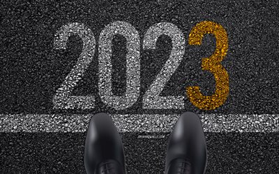 2023 happy new year, 4k, 2023 business background, début 2023, happy new year 2023, 2023 inscription sur l asphalte, 2023 asphalte fond, 2023 nouvel an