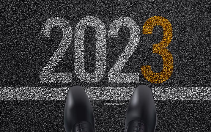 2023 Happy New Year, 4k, 2023 business background, start of 2023, Happy New Year 2023, 2023 inscription on the asphalt, 2023 asphalt background, 2023 New Year