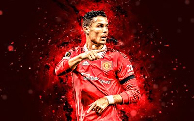 Cristiano Ronaldo, 4k, 2022, red abstract background, Manchester United FC, red neon lights, CR7, Premier League, portugalese footballers, Cristiano Ronaldo 4K, soccer, football, Cristiano Ronaldo Manchester United, Man United