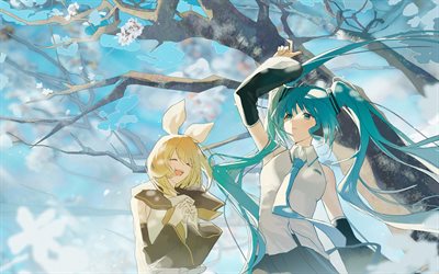 Hatsune Miku, Kagamine Rin, 4k, park, Vocaloid, protagonists, manga, Vocaloid characters, japanese virtual singers