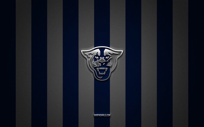 Georgia State Panthers logo, American football team, NCAA, blue white carbon background, Georgia State Panthers emblem, football, Georgia State Panthers, USA, Georgia State Panthers silver metal logo