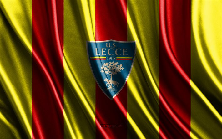 US Lecce logo, Serie A, red yellow silk texture, US Lecce flag, Italian football team, US Lecce, football, silk flag, US Lecce emblem, Italy, US Lecce badge