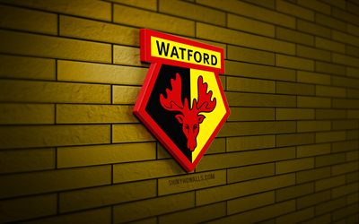 logo watford fc 3d, 4k, mur de brique jaune, championnat, football, club de football anglais, logo watford fc, emblème watford fc, watford, logo sportif, watford fc