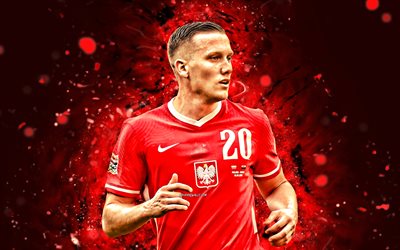 Piotr Zielinski, 4k, 2022, red neon lights, Poland National Team, soccer, footballers, red abstract background, Polish football team, Piotr Zielinski 4K