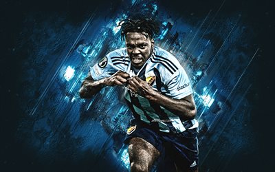 Joel Asoro, Djurgardens IF, swedish soccer player, blue stone background, portrait, Allsvenskan, Sweden, soccer