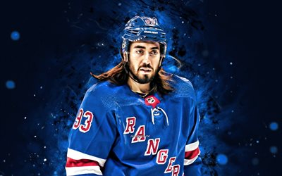 Mika Zibanejad, 4k, blue neon lights, New York Rangers, NHL, hockey, Mika Zibanejad 4K, blue abstract background, Mika Zibanejad New York Rangers, NY Rangers