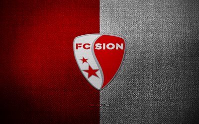 fcシオンバッジ, 4k, 赤白い布の背景, スイス・スーパーリーグ, fcシオンのロゴ, fcシオンのエンブレム, スポーツのロゴ, スイス サッカー クラブ, fcシオン, サッカー, フットボール, シオンfc