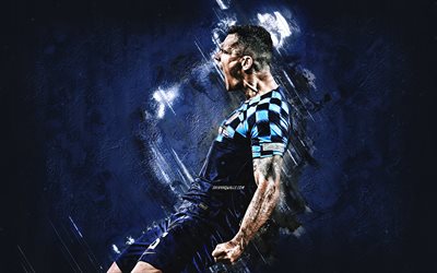 Dejan Lovren, Croatia national football team, portrait, Croatian football player, blue stone background, Croatia, football
