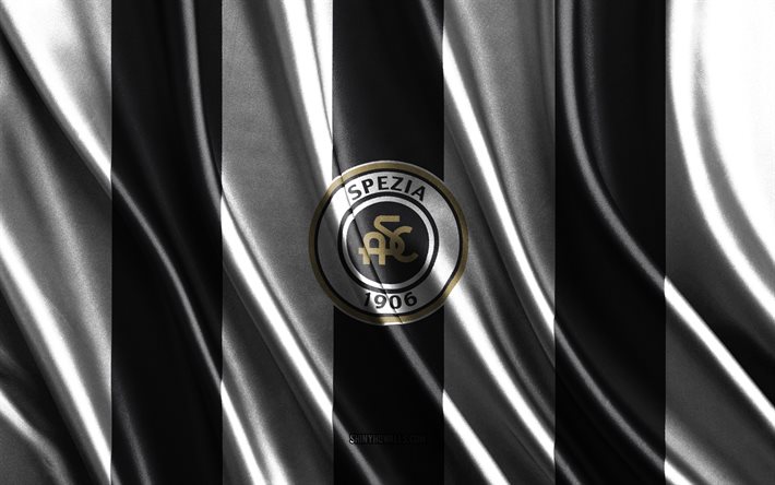 Spezia Calcio logo, Serie A, black white silk texture, Spezia Calcio flag, Italian football team, Spezia Calcio, football, silk flag, Spezia Calcio emblem, Italy, Spezia Calcio badge