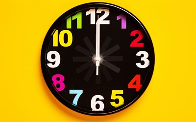 horloge noire, 4k, horloge murale, mur jaune, pause déjeuner, l'heure du déjeuner, le midi, créatif, l'horloge, concepts de temps, horloges, temps