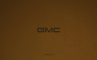 gmc 로고, 4k, 자동차 로고, gmc 엠블럼, 갈색 돌 질감, gmc, 인기 자동차 브랜드, gmc 사인, 갈색 돌 배경