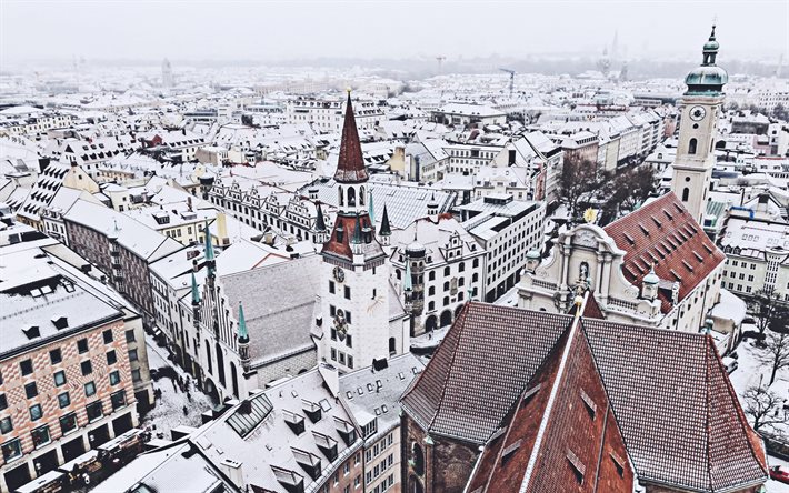 peterskirche, 4k, deutsche städte, winter, stadtansichten, münchen, deutschland, hdr, europa, münchen panorama, münchen stadtbild