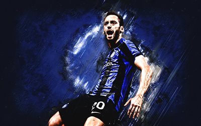Hakan Calhanoglu, Inter Milan, Turkish football player, Internazionale, blue stone background, goal, Serie A, Italy, football