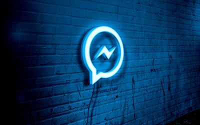 Facebook Messenger neon logo, 4k, blue brickwall, grunge art, creative, logo on wire, Facebook Messenger blue logo, social networks, Facebook Messenger logo, artwork, Facebook Messenger