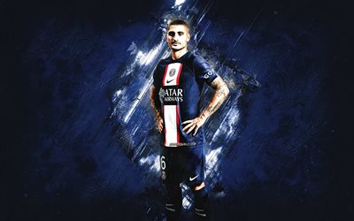 Marco Verratti, Paris Saint-Germain, portrait, blue stone background, Italian football player, midfielder, PSG, Ligue 1, France, football