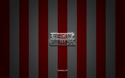 Louisiana Ragin Cajuns logo, American football team, NCAA, red white carbon background, Louisiana Ragin Cajuns emblem, football, Louisiana Ragin Cajuns, USA, Louisiana Ragin Cajuns silver metal logo