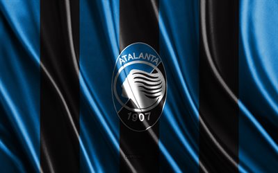 logo atalanta, serie a, texture de soie noire bleue, drapeau atalanta, équipe italienne de football, atalanta, football, drapeau en soie, emblème atalanta, italie, badge atalanta