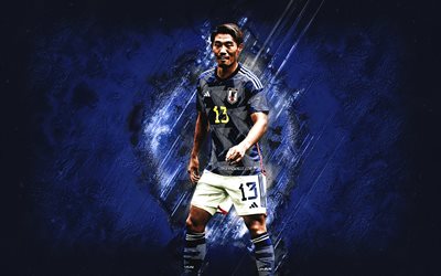 Hidemasa Morita, Japan national football team, Japanese football player, portrait, blue stone background, Japan, football