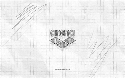 arena-skizzenlogo, 4k, karierter papierhintergrund, schwarzes arena-logo, marken, logo-skizzen, arena-logo, bleistiftzeichnung, arena