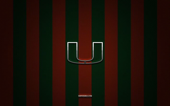 Miami Hurricanes logo, American football team, NCAA, green orange carbon background, Miami Hurricanes emblem, football, Miami Hurricanes, USA, Miami Hurricanes silver metal logo