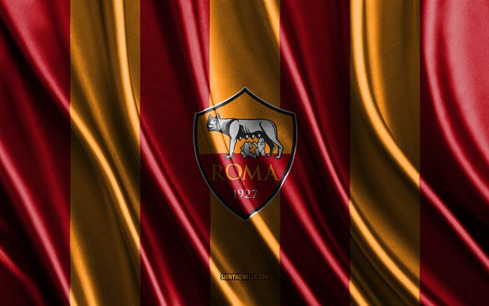 asローマのロゴ, セリエa, 赤オレンジ シルク テクスチャ, asローマの旗, イタリアのサッカー チーム, asローマ, フットボール, 絹の旗, asローマのエンブレム, イタリア, as ローマのバッジ