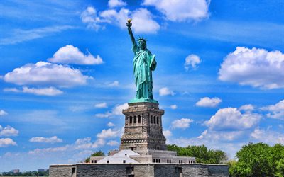 estátua da liberdade, 4k, monumento, ilha da liberdade, cidade de nova york, a liberdade a iluminar o mundo, escultura neoclássica, marco, nova york, eua