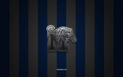 logotipo de los tigres de memphis, equipo de fútbol americano, ncaa, fondo de carbono blanco azul, emblema de los tigres de memphis, fútbol, ​​tigres de memphis, ee uu, logotipo de metal plateado de los tigres de memphis