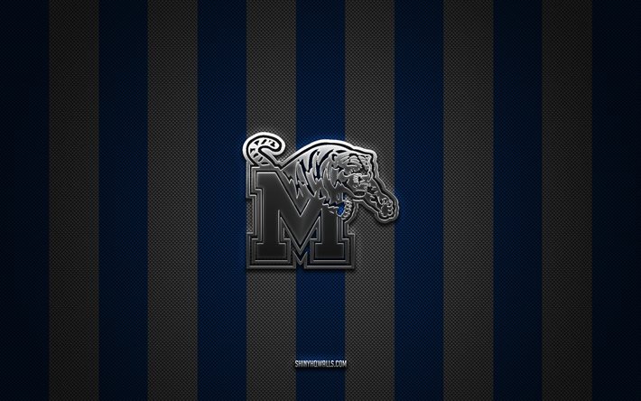 memphis tigers logo, american-football-team, ncaa, blau-weißer karbonhintergrund, memphis tigers-emblem, fußball, memphis tigers, usa, memphis tigers silbermetall-logo