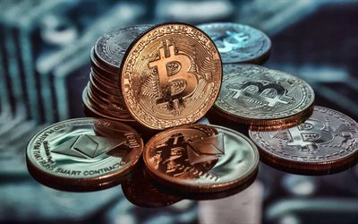 4k, bitcoin, pièces d'or, crypto-monnaies, signe bitcoin, pièce d'or bitcoin, monnaie électronique, concepts de crypto-monnaies, concepts bitcoin, arrière-plan avec bitcoin