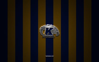 شعار kent state golden flashes, فريق كرة القدم الأمريكية, الرابطة الوطنية لرياضة الجامعات, أصفر أزرق الكربون الخلفية, كرة القدم, كينت ستيت جولدن ومضات, الولايات المتحدة الأمريكية, كينت ستيت الذهبي ومضات الشعار المعدني الفضي
