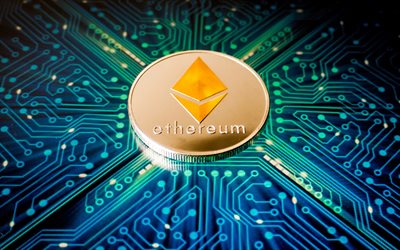 Ethereum golden coin, 4k, cryptocurrencies, microcircuits, conductors, online money, investments, finance, Ethereum