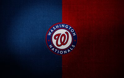 ワシントン・ナショナルズのバッジ, 4k, 青赤布の背景, mlb, ワシントン・ナショナルズのロゴ, 野球, スポーツのロゴ, ワシントン・ナショナルズの旗, アメリカの野球チーム, ワシントン・ナショナルズ