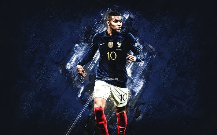 kylian mbappe, nazionale di calcio francese, ritratto, giocatore di football francese, sfondo di pietra blu, stella del calcio mondiale, francia, leader