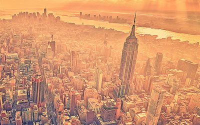 4k, nova york, arte vetorial, vista aérea, desenhos de nova york, edifício empire state, panorama de nova york, manhattan, manhã, nascer do sol, arte de manhattan, eua