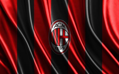 logo do milan, série a, textura de seda preta vermelha, bandeira do milan, time de futebol italiano, milan, futebol, bandeira de seda, emblema do milan, itália