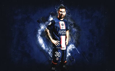 Lionel Messi, PSG, portrait, Paris Saint-Germain, Ligue 1, France, blue grunge background, Leo Messi, 2022, football