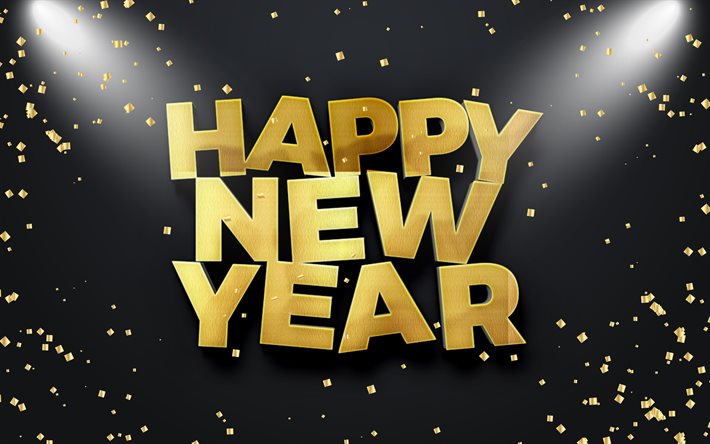 Happy New Year, creative, flashlights, golden 3D letters, black backgrounds