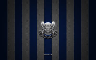 logotipo de st johnstone fc, equipo de fútbol escocés, premier league escocesa, fondo de carbono blanco azul, emblema del st johnstone fc, fútbol, st johnstone fc, escocia, logotipo metálico del st johnstone fc